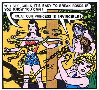 Wonder Women breaks her chains in a comic book panel from the 1940s.